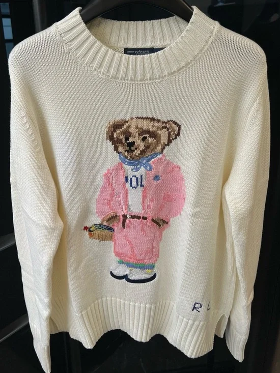 Polo by Ralph Lauren Cream Crewneck Sweater with Pink Teddy Bear - Picture 3 of 8